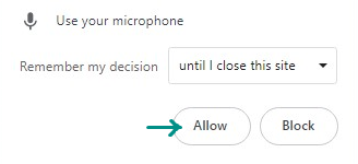 image of the dialog box that asks for mic permissions and a green arrow on allow indicating that allow should be clicked on
